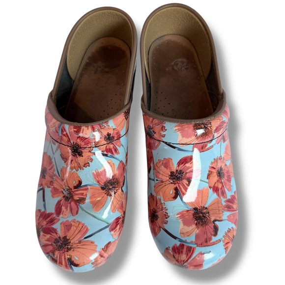 Dansko Floral Leather Clogs Women's Size 8 39 Blue Orange Flowers Shoes - Picture 11 of 14